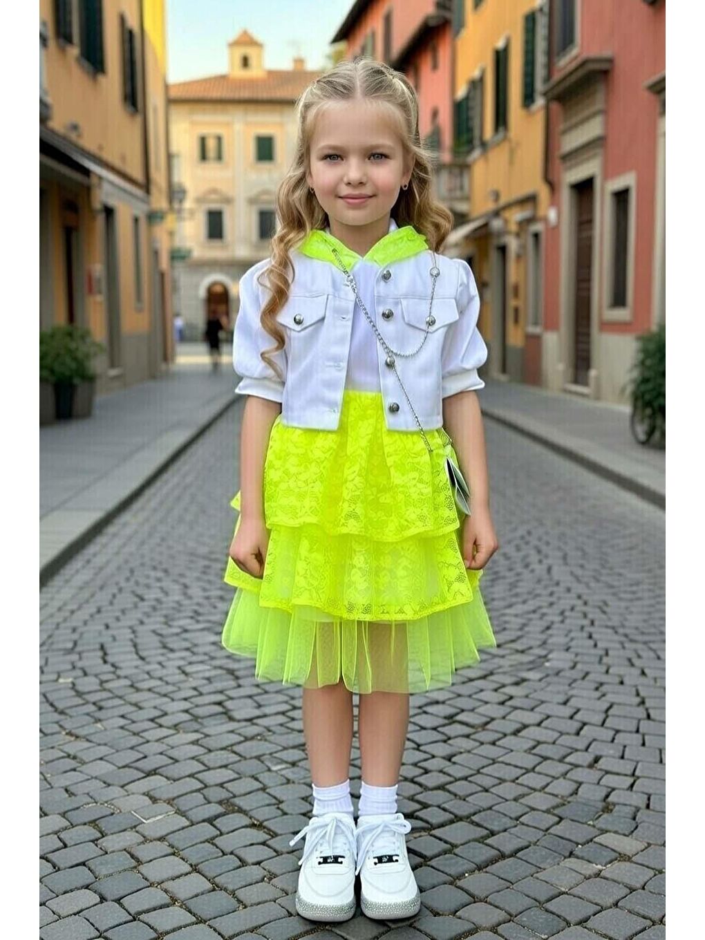 Kız Çocuk Kapüşonu Dantel Detaylı T-Shirt Jean Ceketli Dantelli Neon Sarı Etekli Takım-1