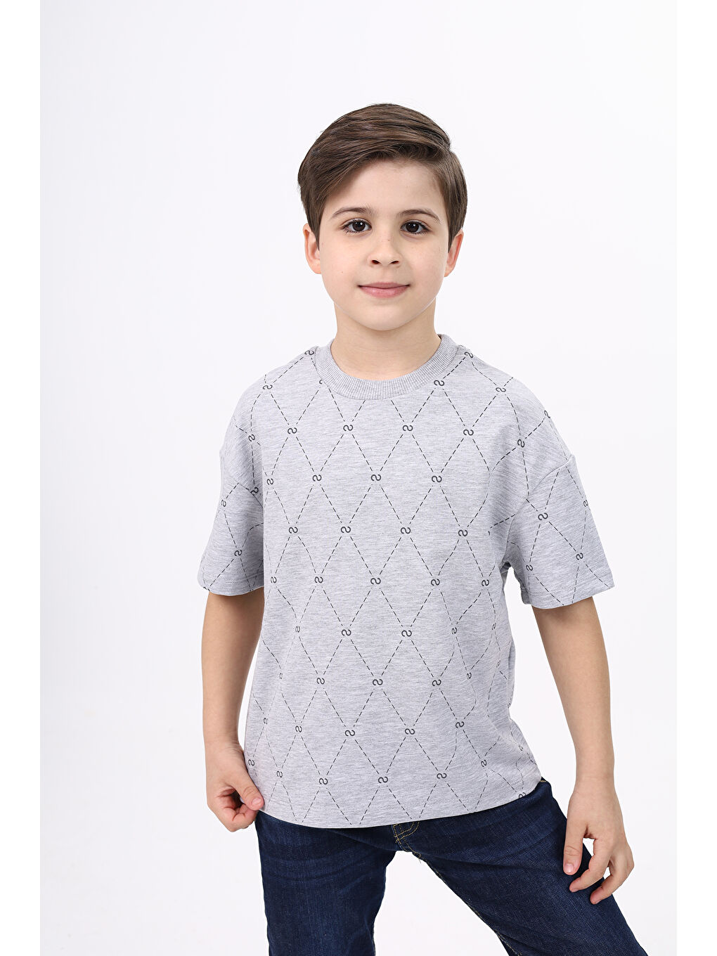 Gri Unisex Çocuk Baskılı Tişört-5