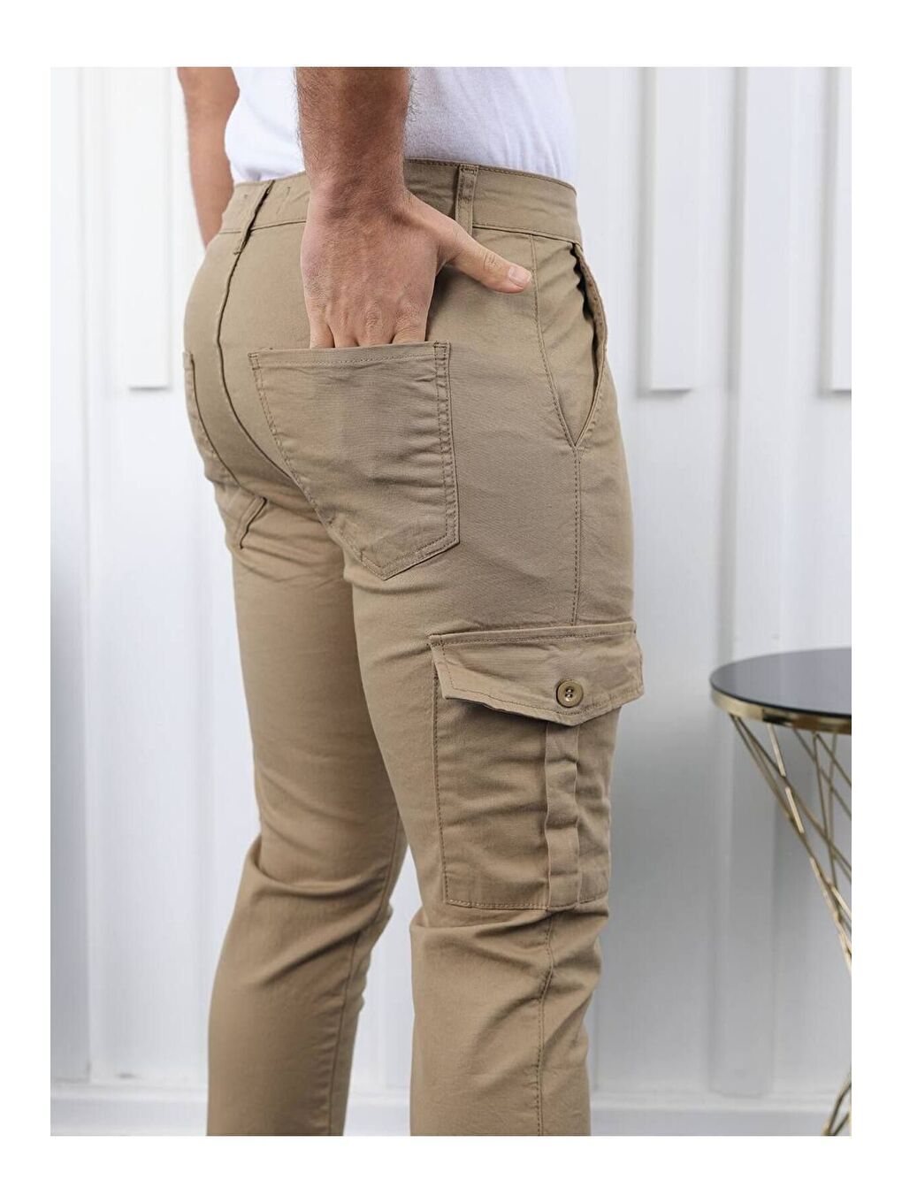 Bej ERKEK KÖRÜKLÜ JOGGER PAÇA LASTİKSİZ PANTOLON-5