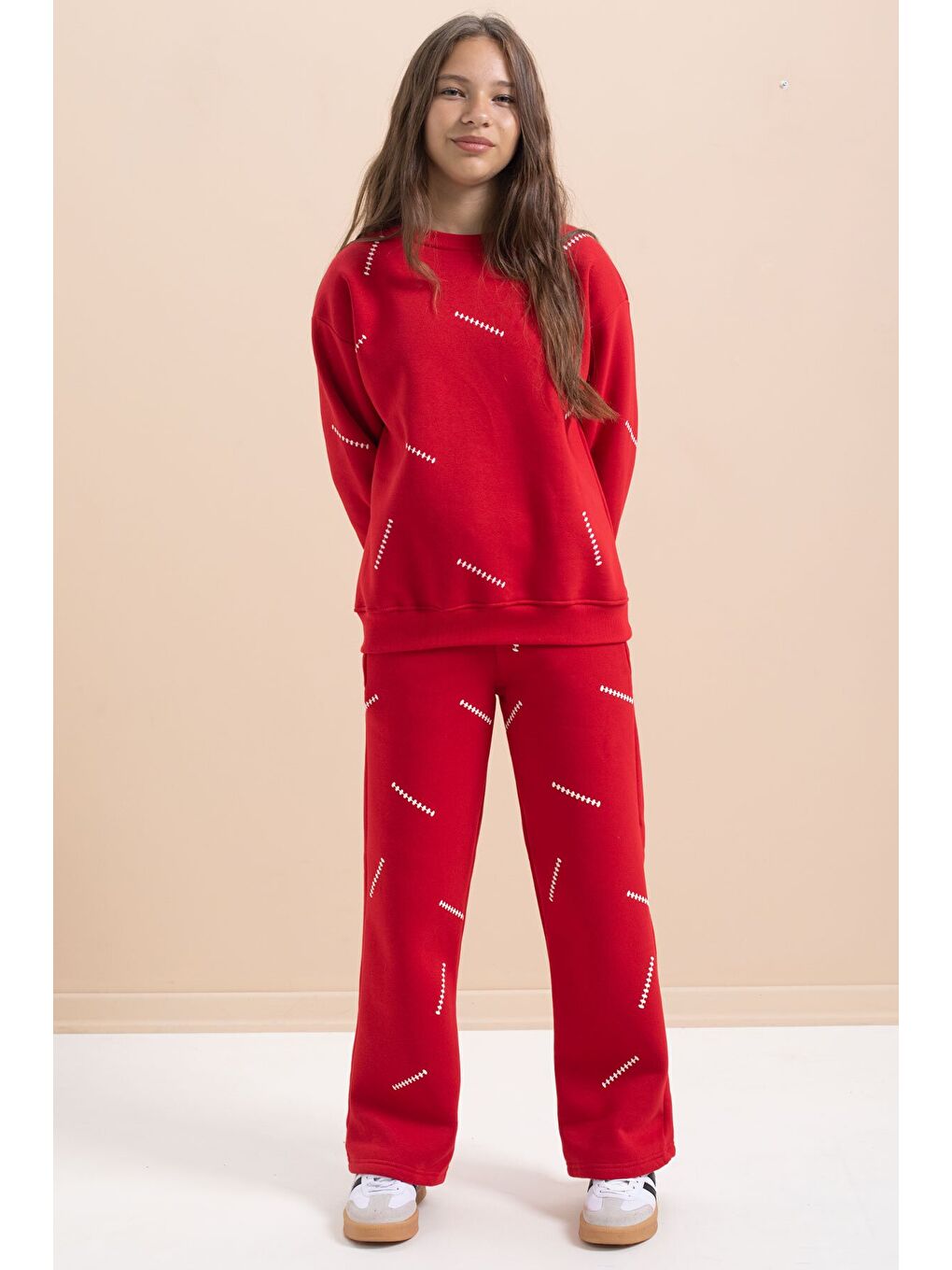 Kırmızı Kız Çocuk Desenli 3 İplik Şardonlu Geniş Paça Eşofman Takımı 22645-1