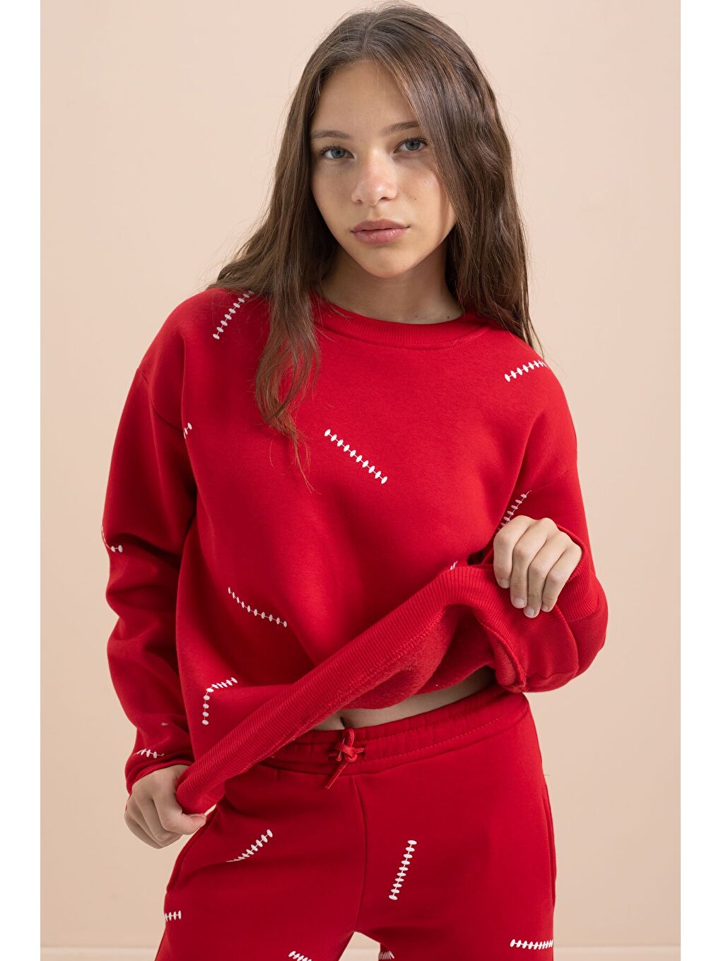 Kırmızı Kız Çocuk Desenli 3 İplik Şardonlu Geniş Paça Eşofman Takımı 22645-2