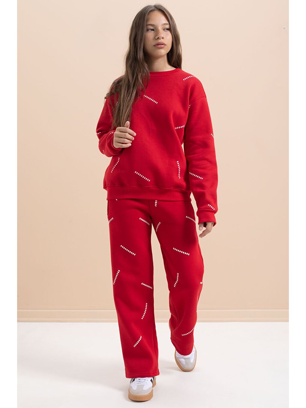 Kırmızı Kız Çocuk Desenli 3 İplik Şardonlu Geniş Paça Eşofman Takımı 22645-3