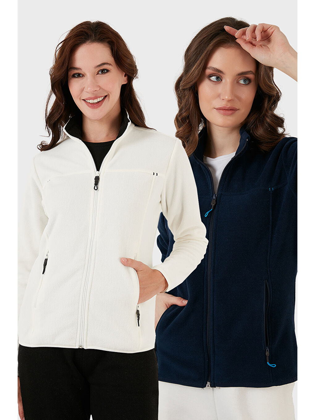 Ekru Slim Fit Anti-Pilling Tüylenme Yapmayan Fermuarlı Cepli Hırka 2' li Paket Polar 5907002S2