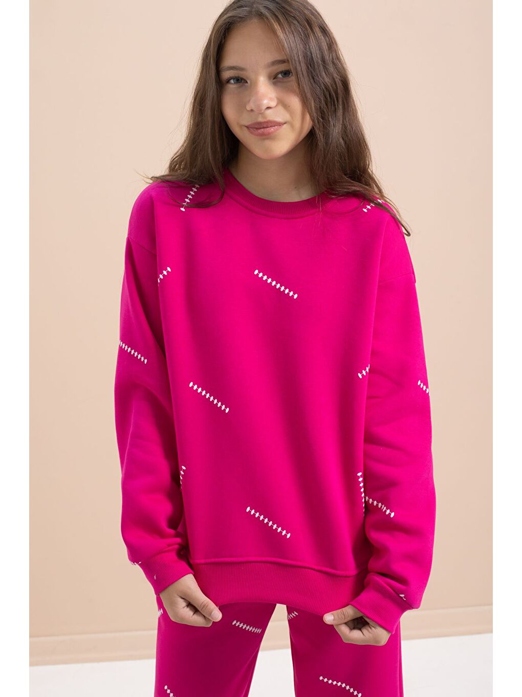 Fuşya Kız Çocuk Desenli 3 İplik Şardonlu Geniş Paça Eşofman Takımı 22646-1