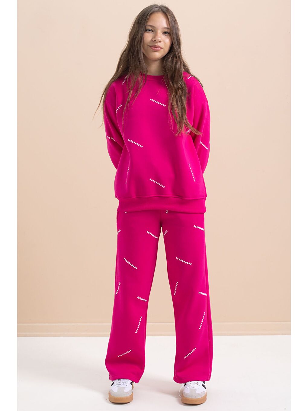 Fuşya Kız Çocuk Desenli 3 İplik Şardonlu Geniş Paça Eşofman Takımı 22646-2