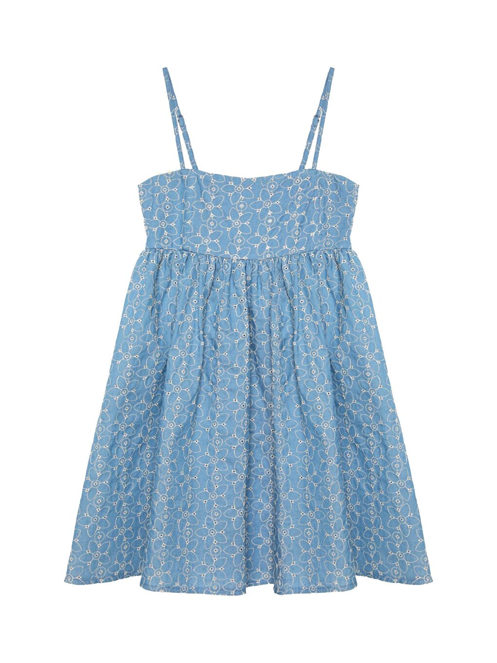 Nakış Detaylı Askılı Cepli Mini Elbise Mavi-1