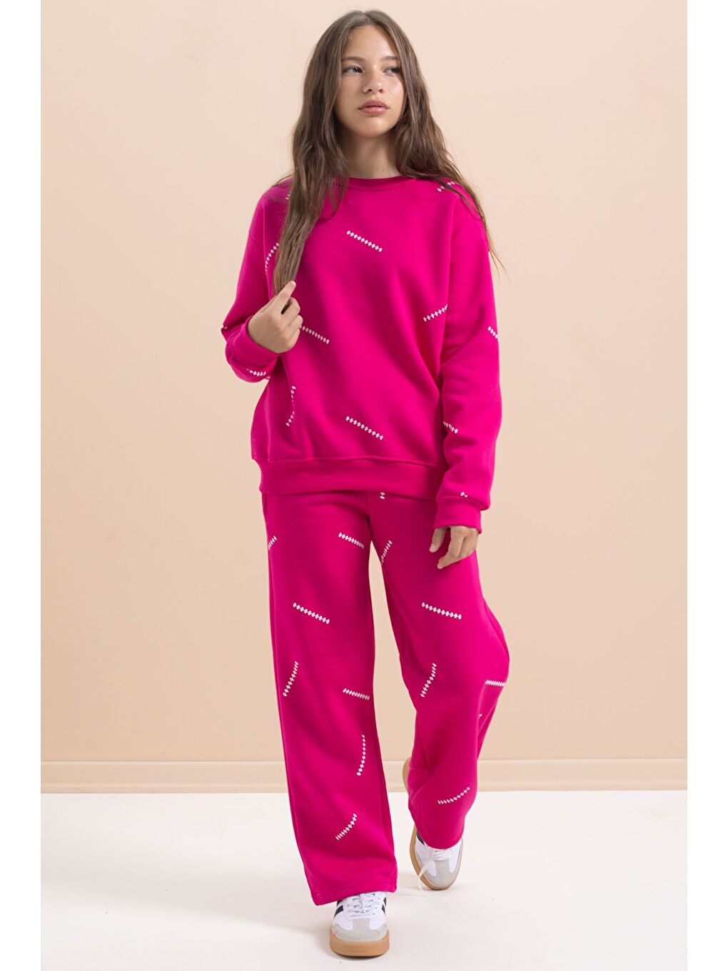 Fuşya Kız Çocuk Desenli 3 İplik Şardonlu Geniş Paça Eşofman Takımı 22646-3