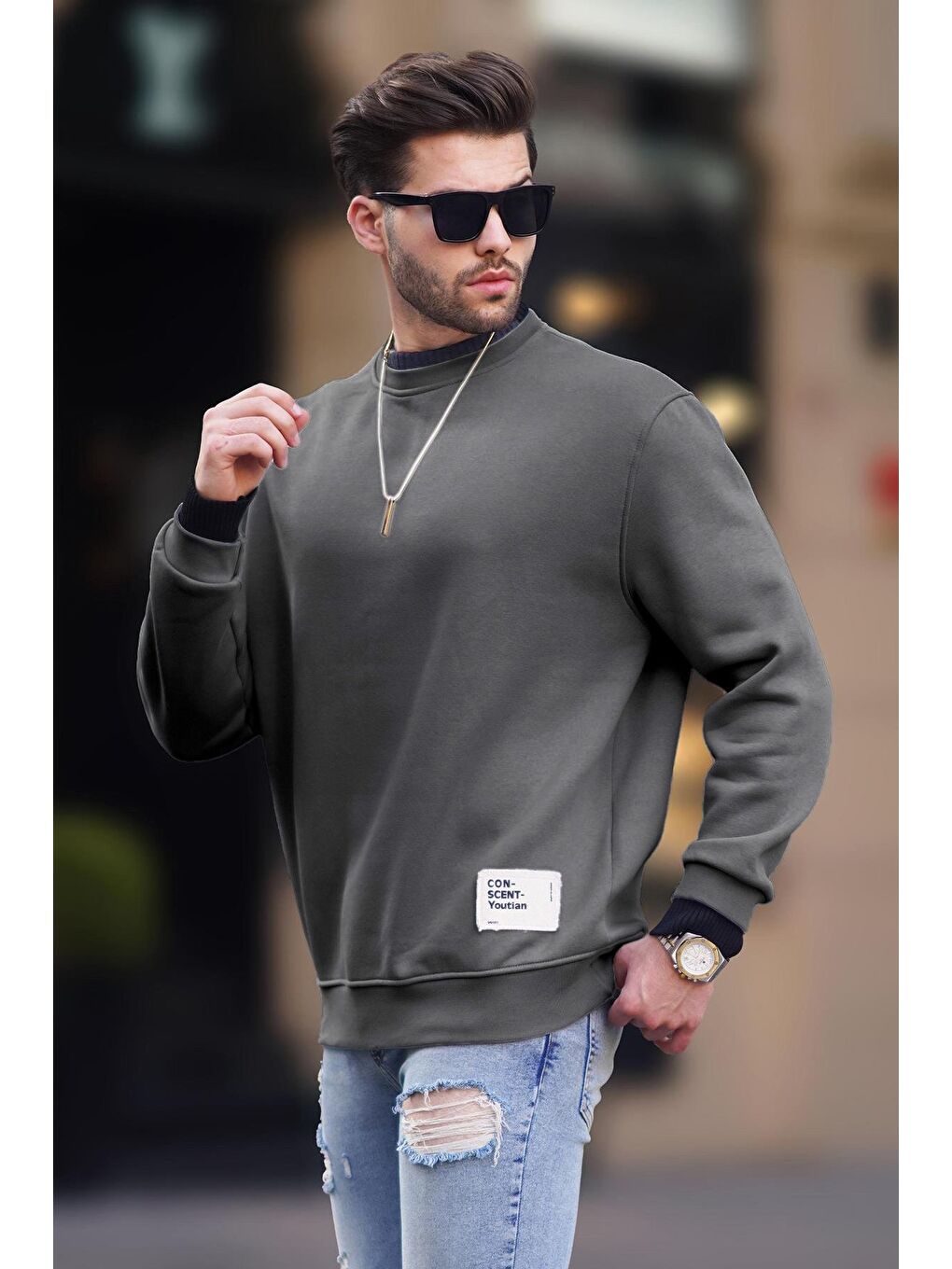 Gri Füme Bisiklet Yaka Oversize Şardonlu Arma Detaylı Erkek Sweatshirt 7043