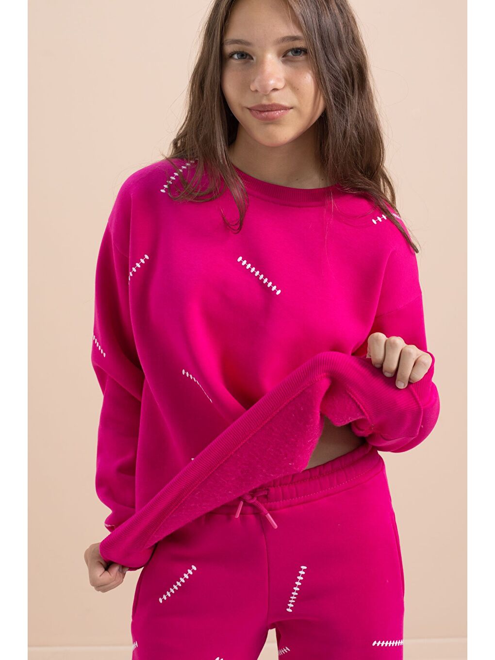 Fuşya Kız Çocuk Desenli 3 İplik Şardonlu Geniş Paça Eşofman Takımı 22646-4