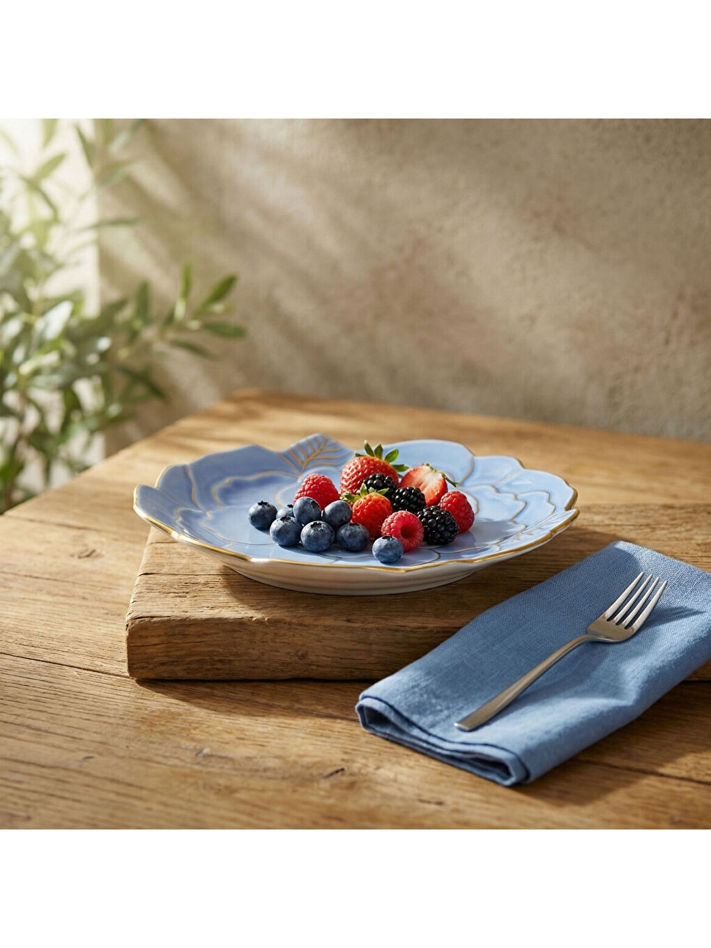 Ekru Rose Premium El Dekoru Dekoratif Porselen Tabak 21 cm Mavi-1