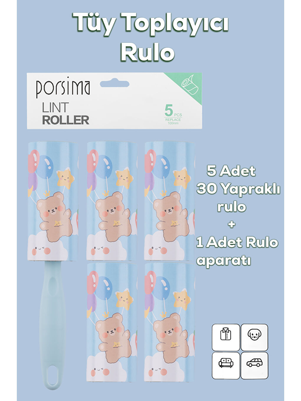 3105 Kedi Köpek Tüy Toplayıcı Rulo + 4 Adet Yedek Rulo Mavi