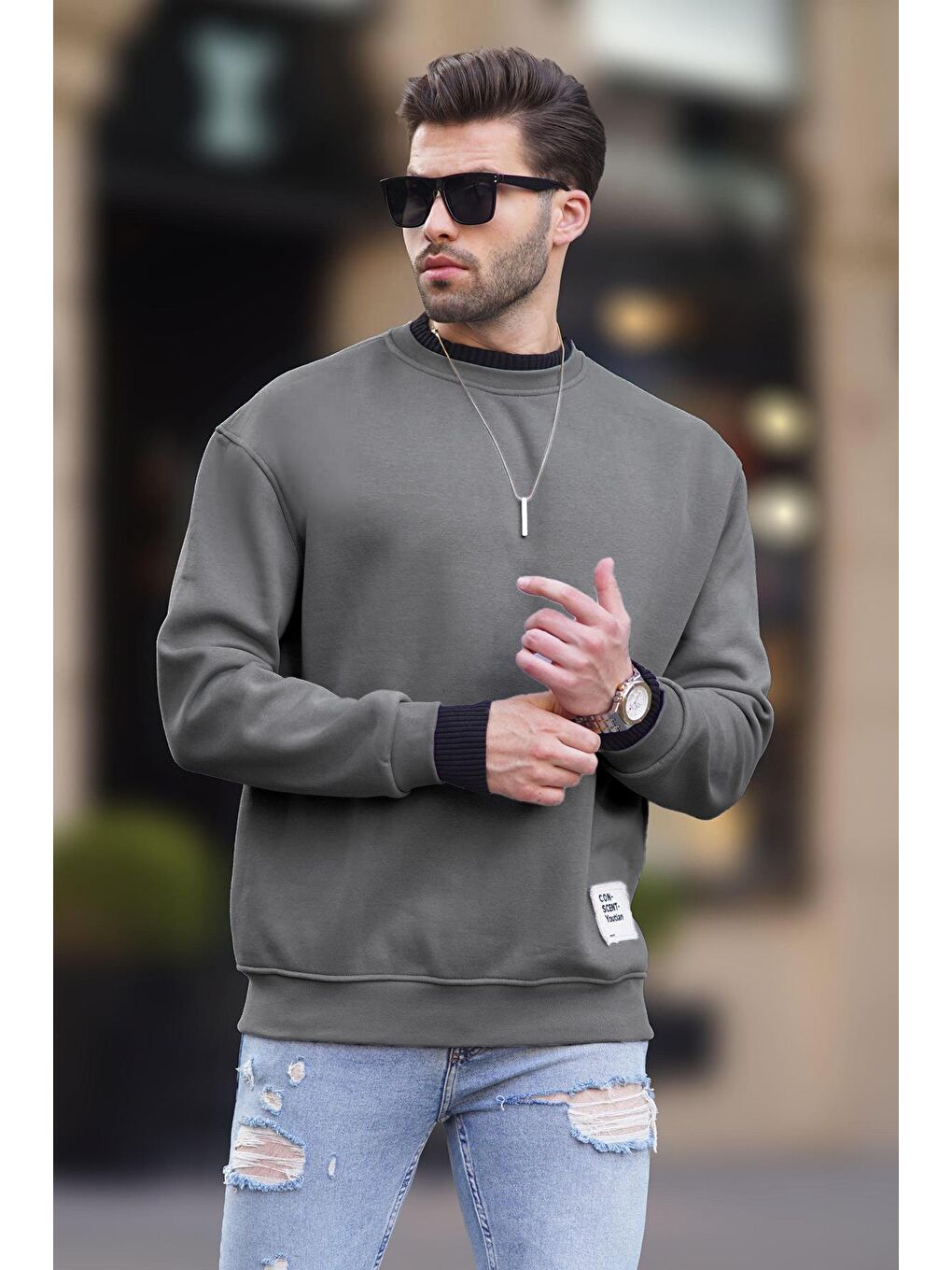 Gri Füme Bisiklet Yaka Oversize Şardonlu Arma Detaylı Erkek Sweatshirt 7043-1