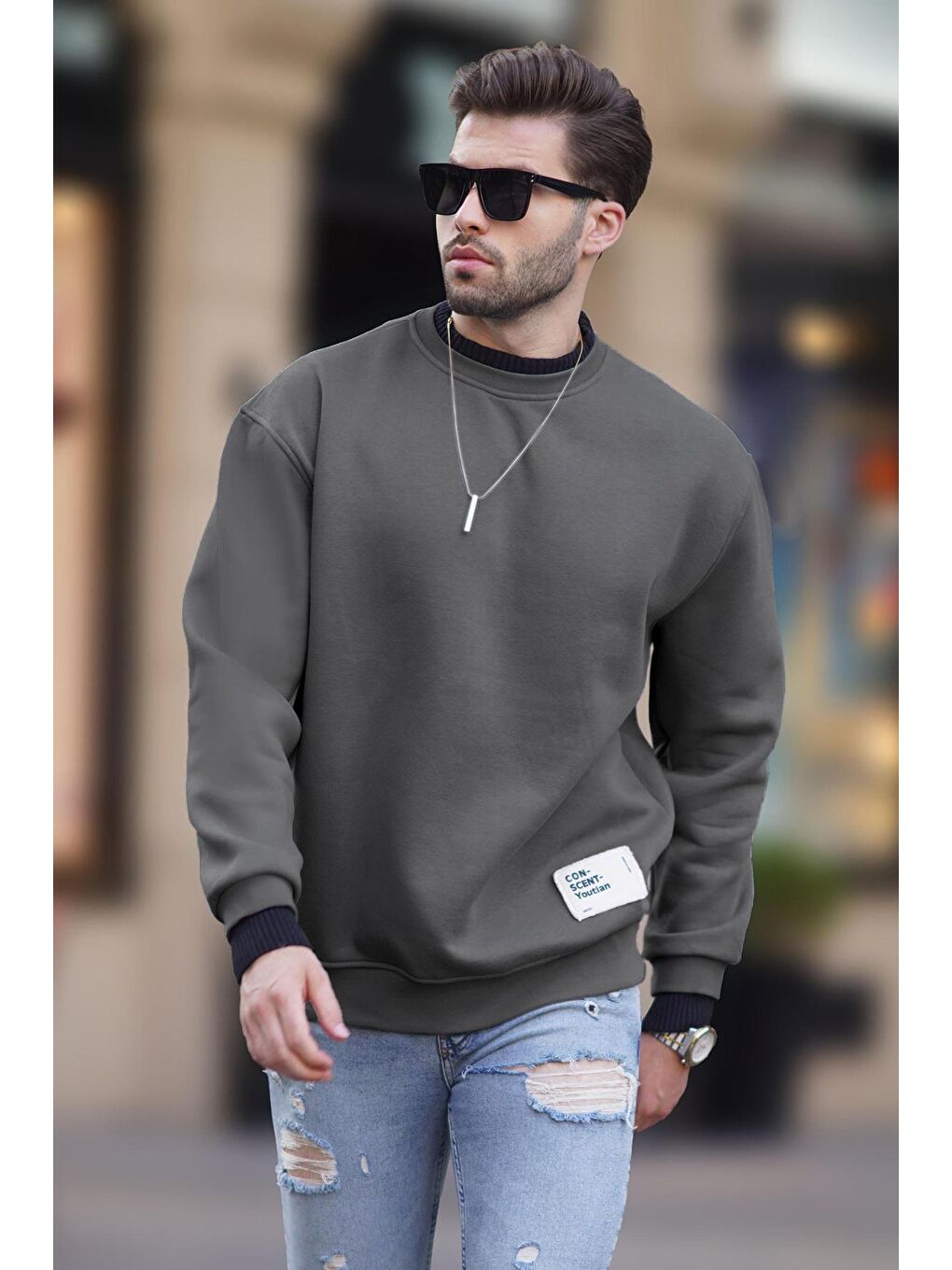 Gri Füme Bisiklet Yaka Oversize Şardonlu Arma Detaylı Erkek Sweatshirt 7043-2