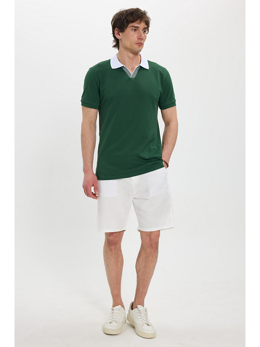Erkek Slim Fit Dar Kesim %100 Pamuk Koyu Yeşil Polo Yaka Tişört-1