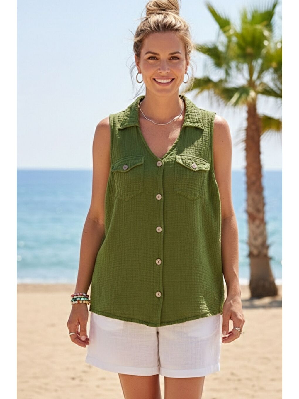 Koyu Yeşil Gömlek Yaka Kolsuz Düğmeli Çift Kapaklı Cepli Yıkamalı Casual Müslin Dokuma Bluz 62 55-1