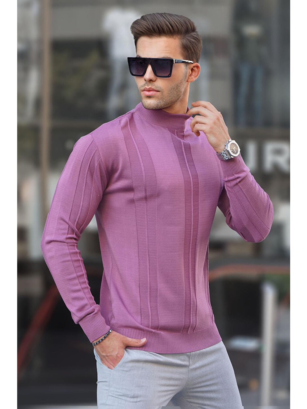 Pembe Gül Kurusu Balıkçı Yaka Desenli Kazak 6825