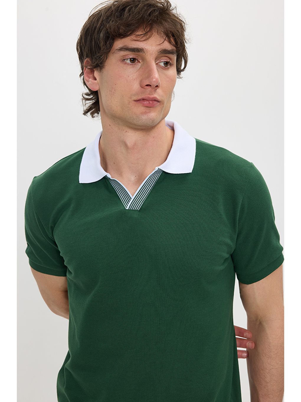 Erkek Slim Fit Dar Kesim %100 Pamuk Koyu Yeşil Polo Yaka Tişört-2