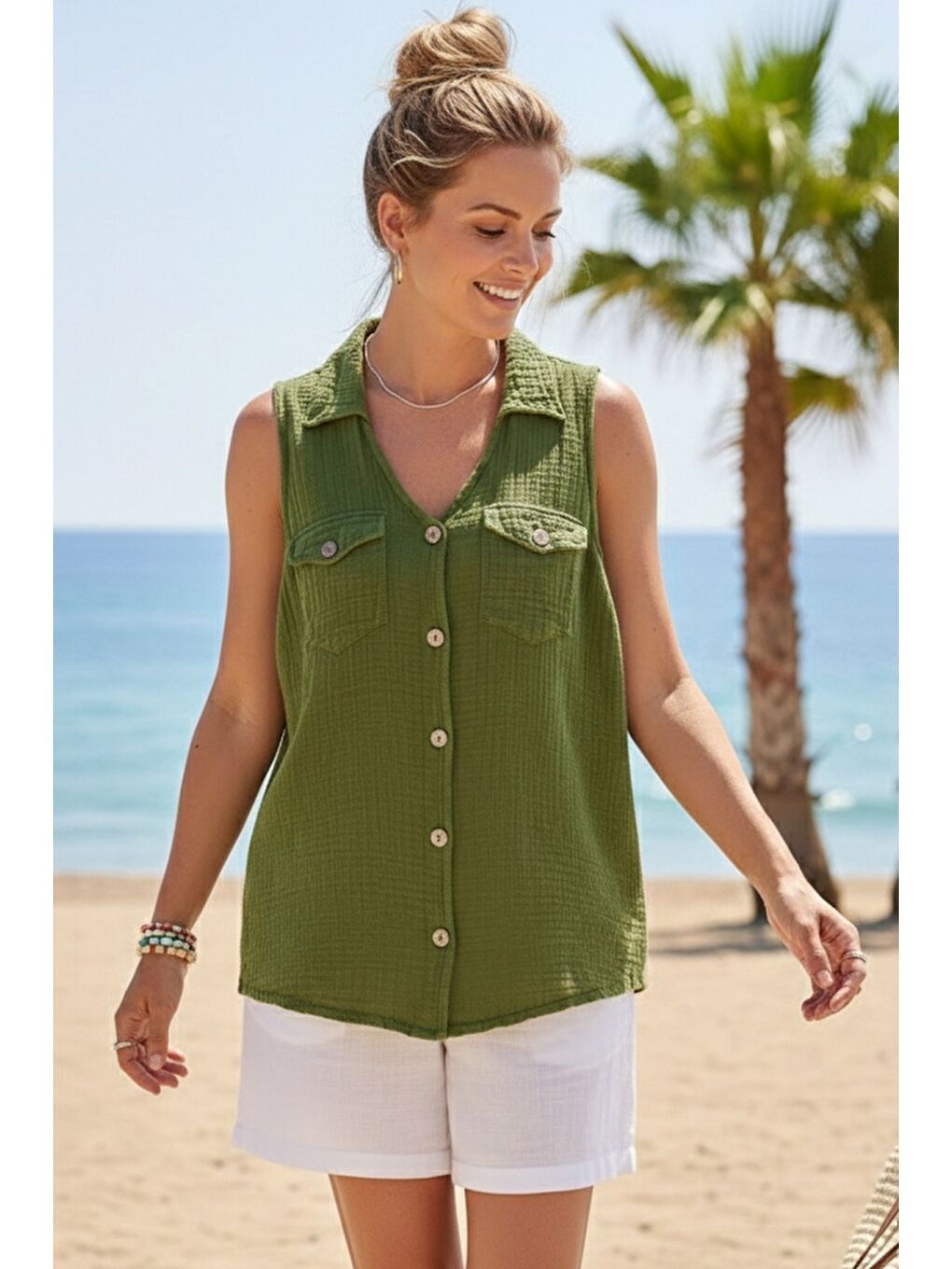 Koyu Yeşil Gömlek Yaka Kolsuz Düğmeli Çift Kapaklı Cepli Yıkamalı Casual Müslin Dokuma Bluz 62 55-2