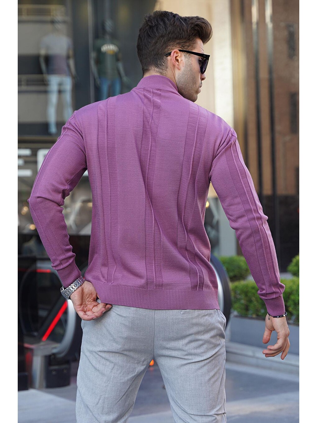Pembe Gül Kurusu Balıkçı Yaka Desenli Kazak 6825-1