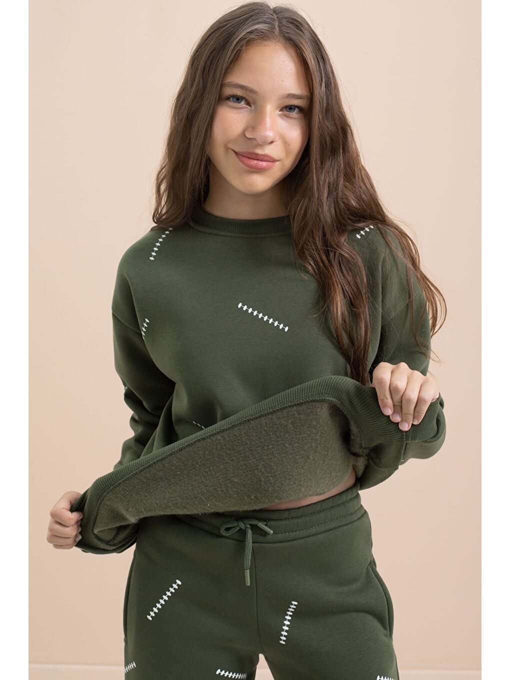 Yeşil Kız Çocuk Desenli 3 İplik Şardonlu Geniş Paça Eşofman Takımı 22647-2