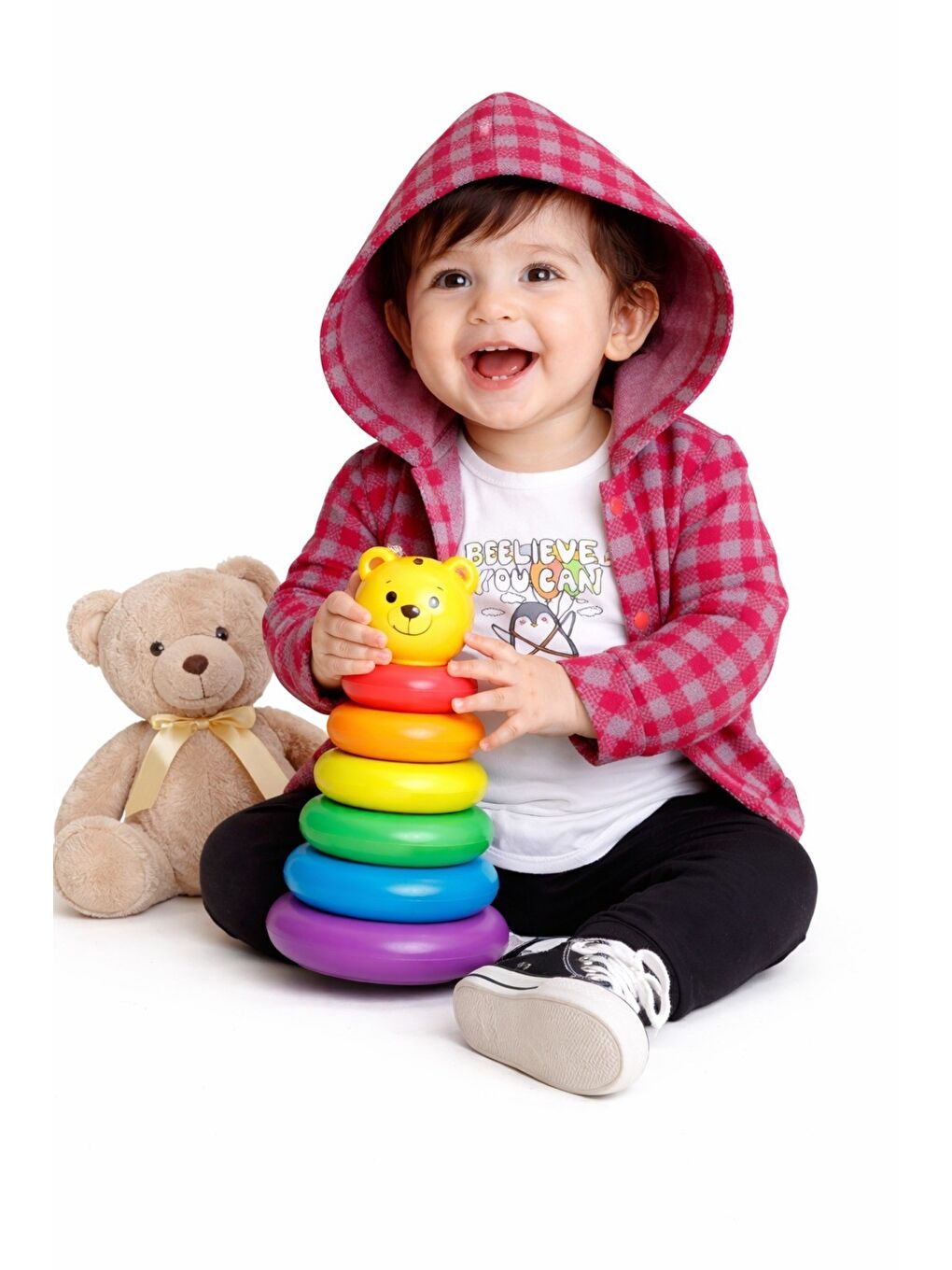 Kırmızı Erkek Bebek Kapüşonlu Kareli Gömlek Ceket Baskılı Tişörtlü zıbın Eşofman Altlı 3lü Takım-1