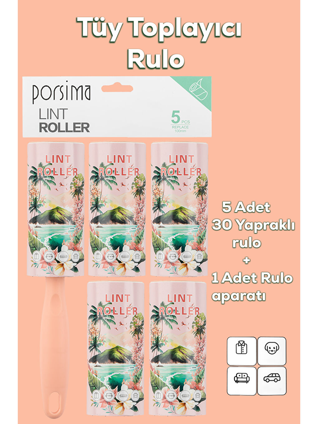 3106 Kedi Köpek Tüy Toplayıcı Rulo + 4 Adet Yedek Rulo Somon