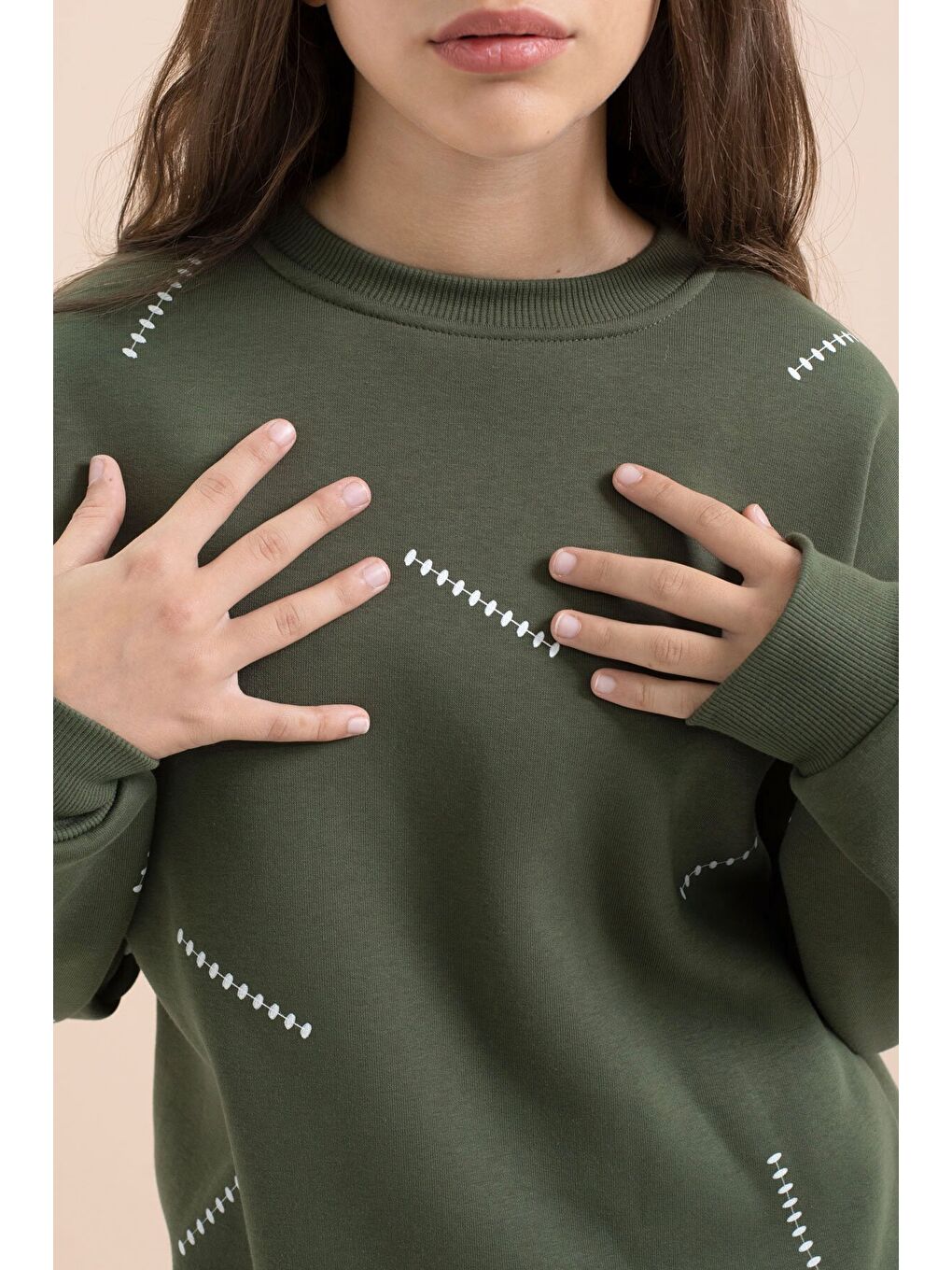 Yeşil Kız Çocuk Desenli 3 İplik Şardonlu Geniş Paça Eşofman Takımı 22647-4