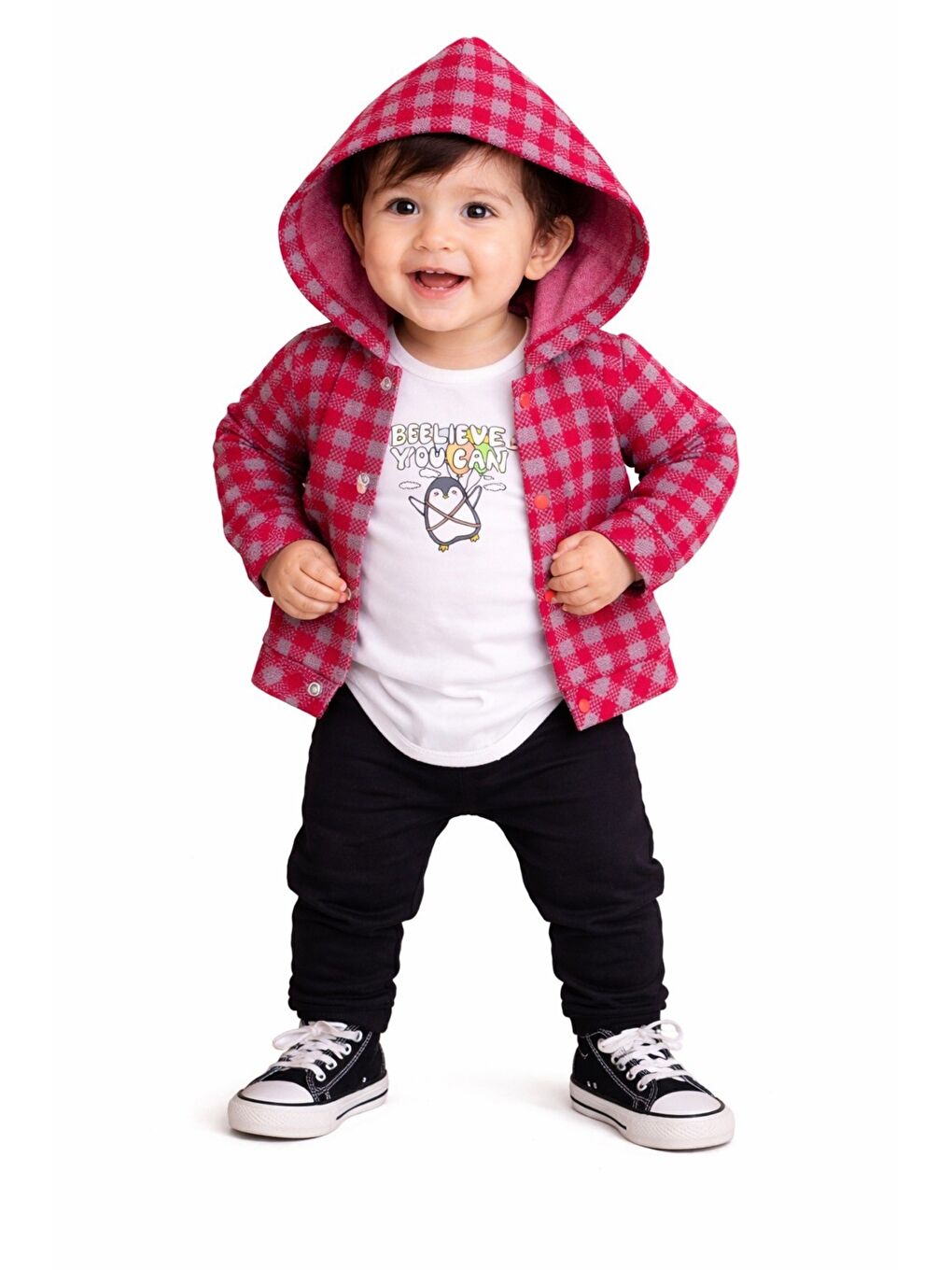 Kırmızı Erkek Bebek Kapüşonlu Kareli Gömlek Ceket Baskılı Tişörtlü zıbın Eşofman Altlı 3lü Takım-2