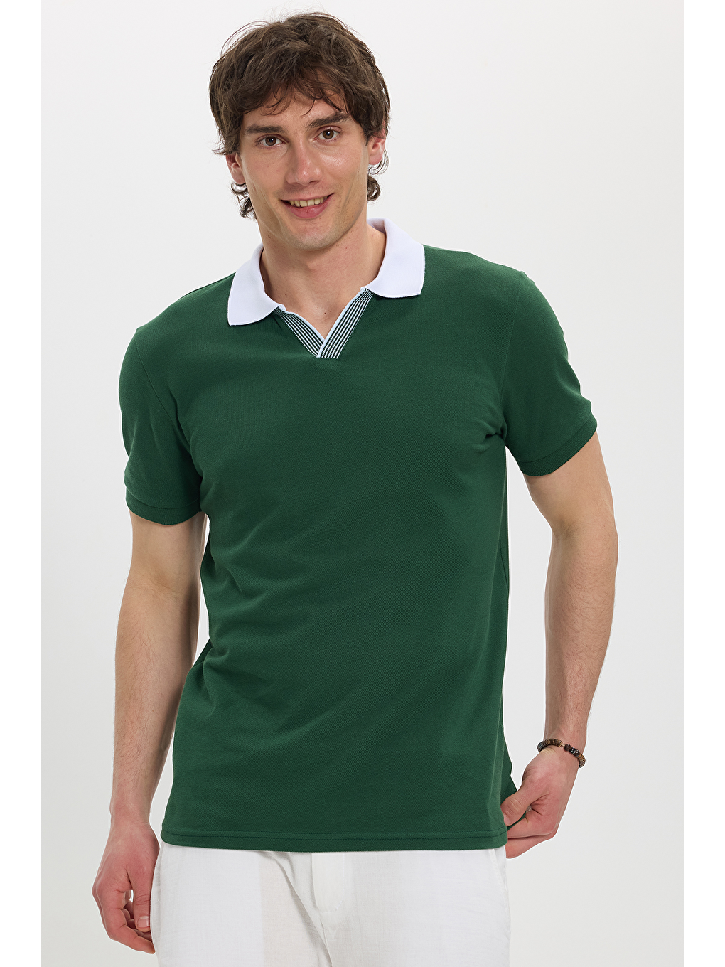 Erkek Slim Fit Dar Kesim %100 Pamuk Koyu Yeşil Polo Yaka Tişört-3