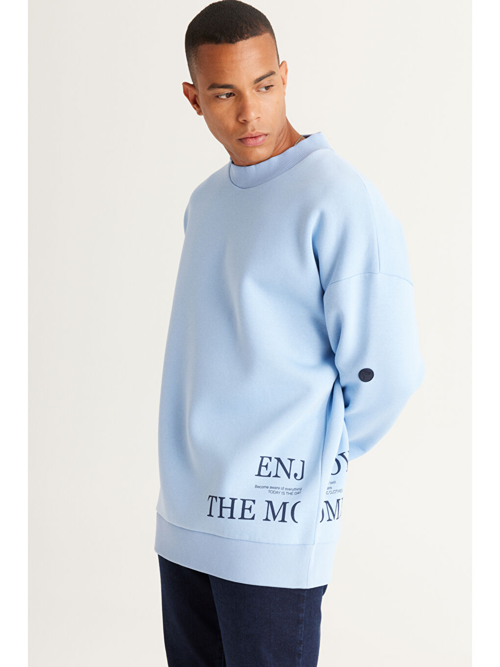 Erkek Açık Mavi Oversize Fit Bol Kesim İçi Polarlı Pamuklu Baskılı Sweatshirt