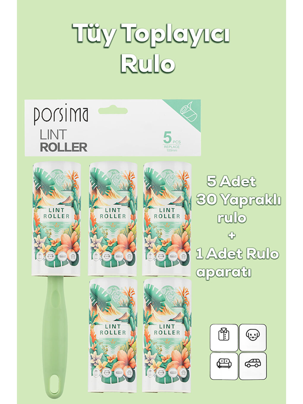 3107 Kedi Köpek Tüy Toplayıcı Rulo + 4 Adet Yedek Rulo Yeşil