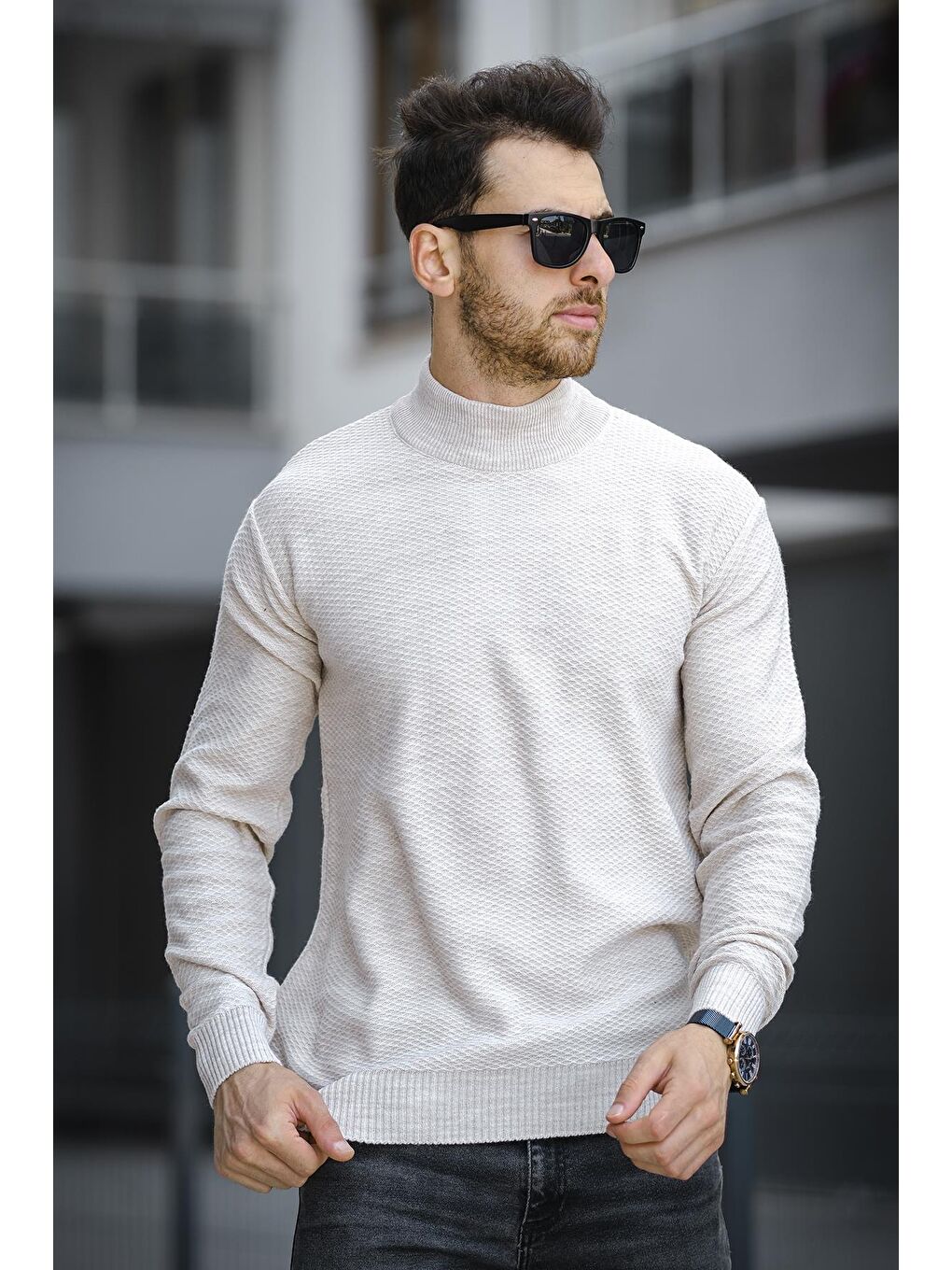 Ekru Seka 509 Slim Fit Petek Örgü Erkek Yarım Balıkçı Kazak-1