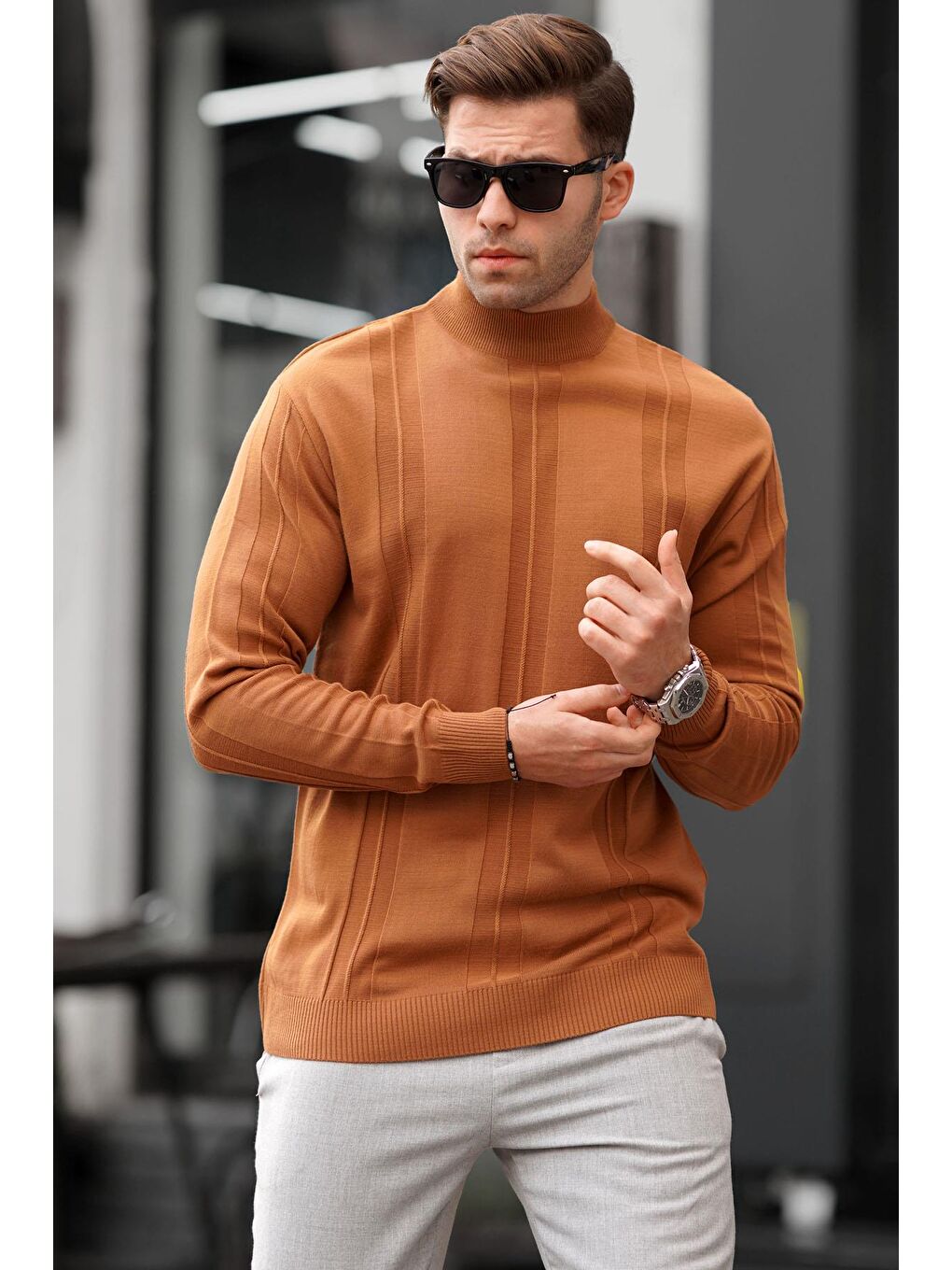 Kahverengi Açık Kahve Balıkçı Yaka Desenli Kazak 6825