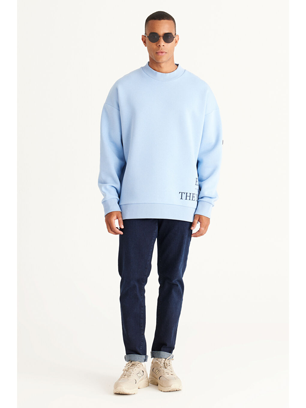 Erkek Açık Mavi Oversize Fit Bol Kesim İçi Polarlı Pamuklu Baskılı Sweatshirt-1