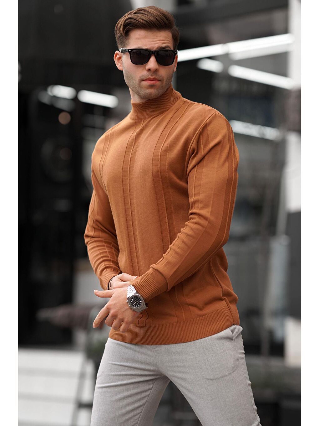 Kahverengi Açık Kahve Balıkçı Yaka Desenli Kazak 6825-1