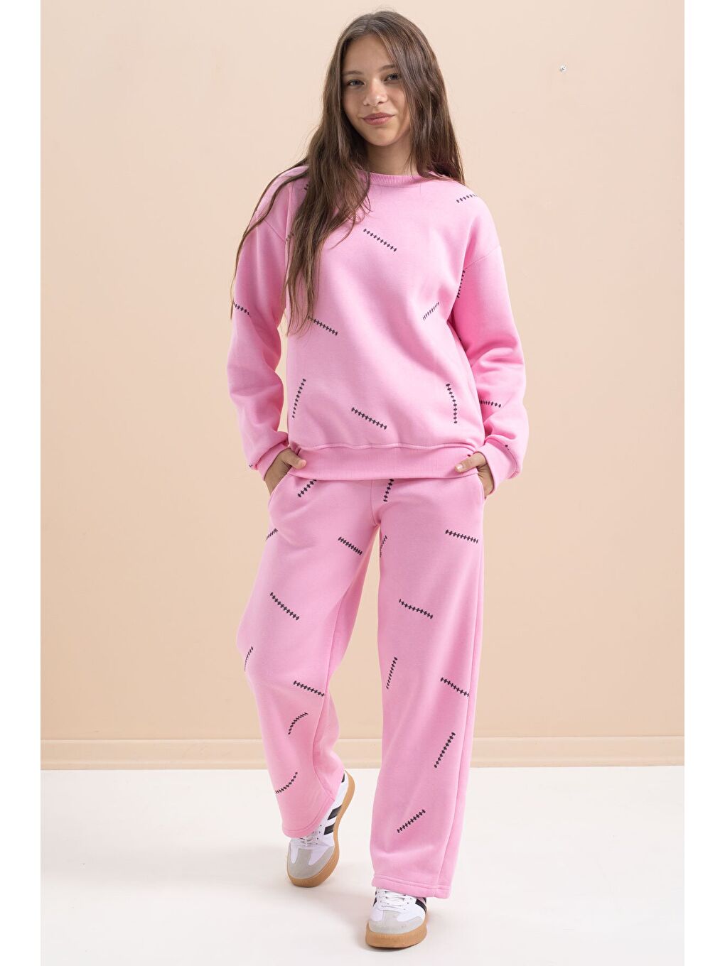 Pembe Kız Çocuk Desenli 3 İplik Şardonlu Geniş Paça Eşofman Takımı 22643-1