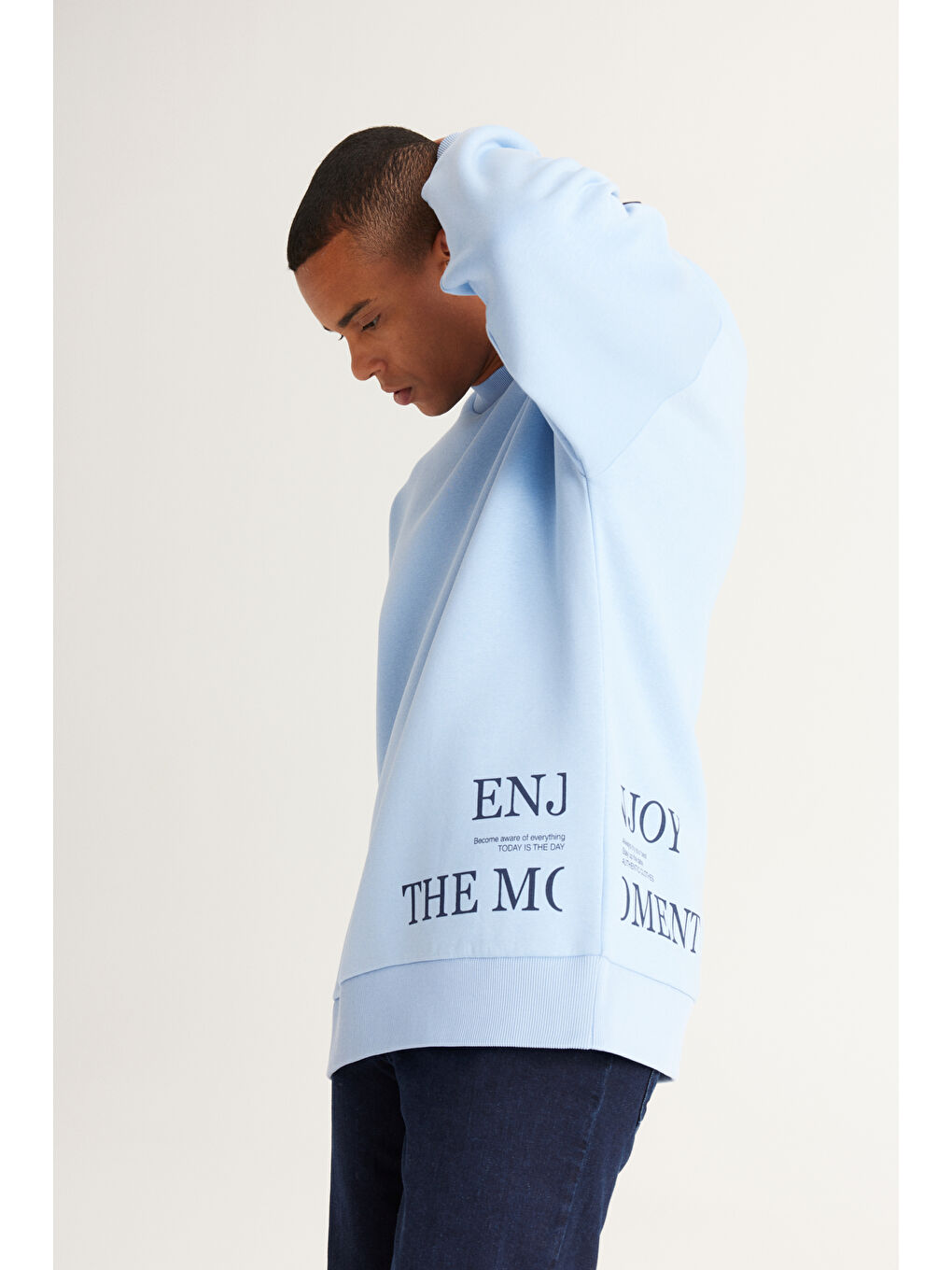 Erkek Açık Mavi Oversize Fit Bol Kesim İçi Polarlı Pamuklu Baskılı Sweatshirt-2