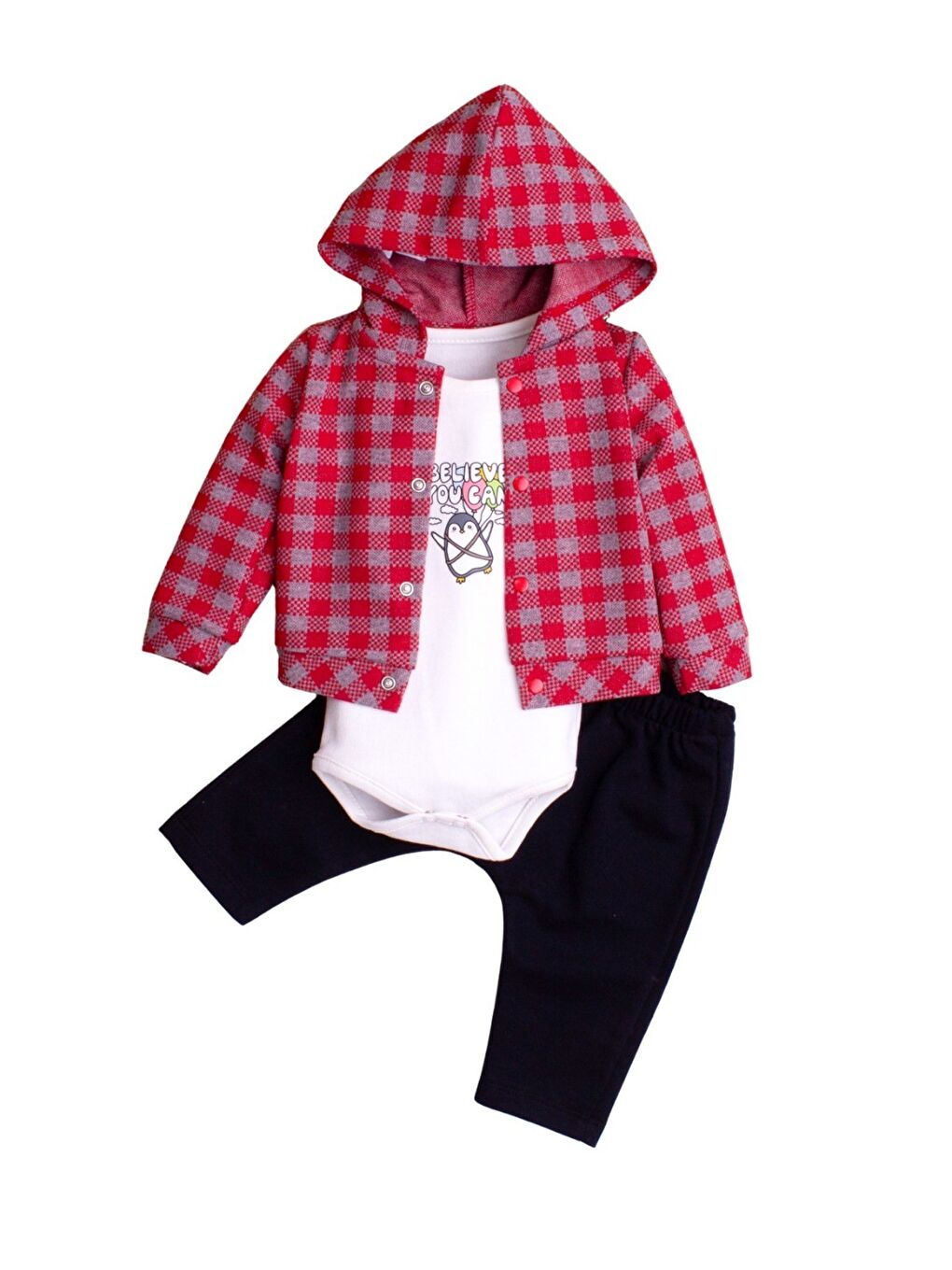 Kırmızı Erkek Bebek Kapüşonlu Kareli Gömlek Ceket Baskılı Tişörtlü zıbın Eşofman Altlı 3lü Takım-3