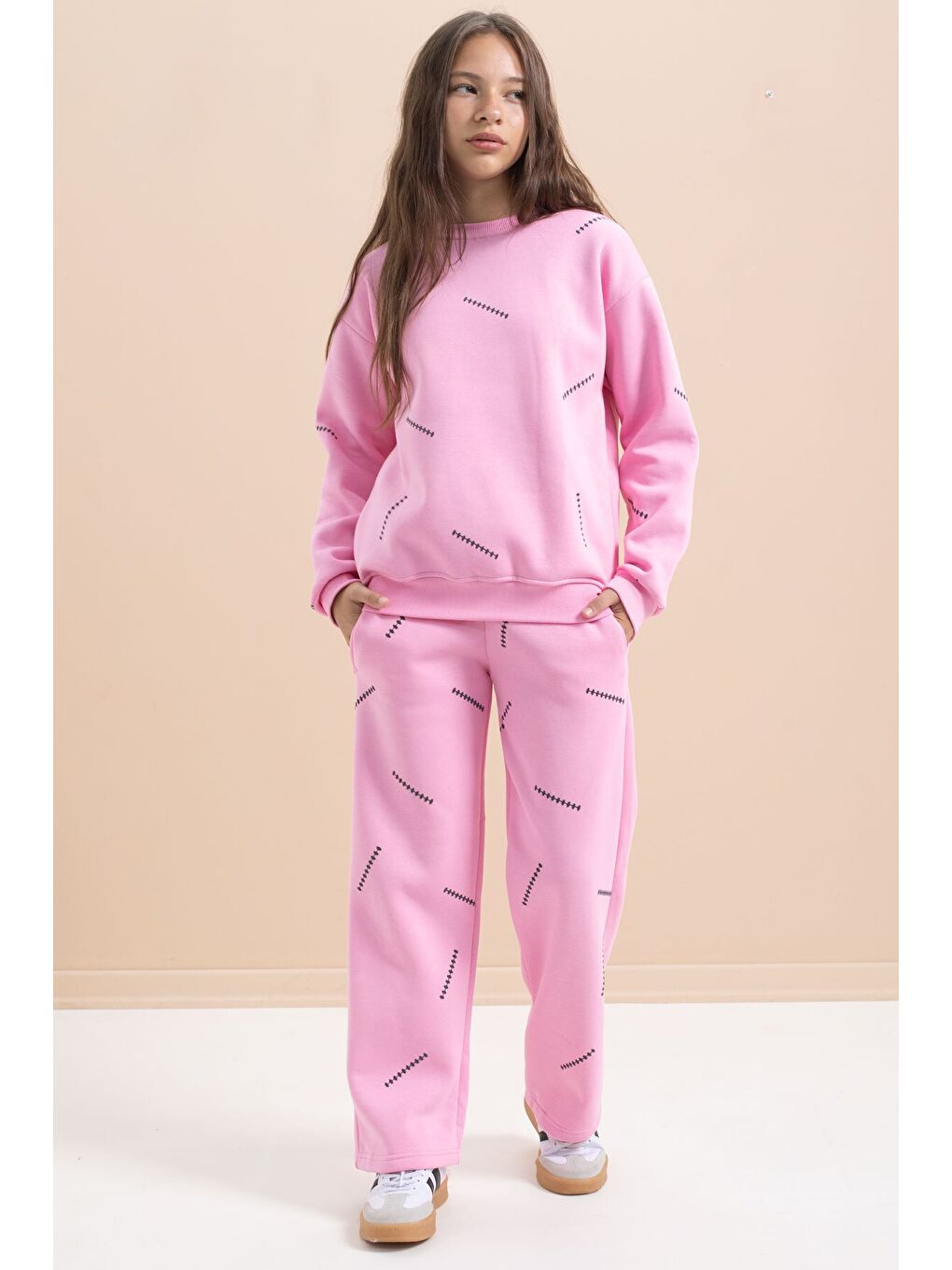 Pembe Kız Çocuk Desenli 3 İplik Şardonlu Geniş Paça Eşofman Takımı 22643-2