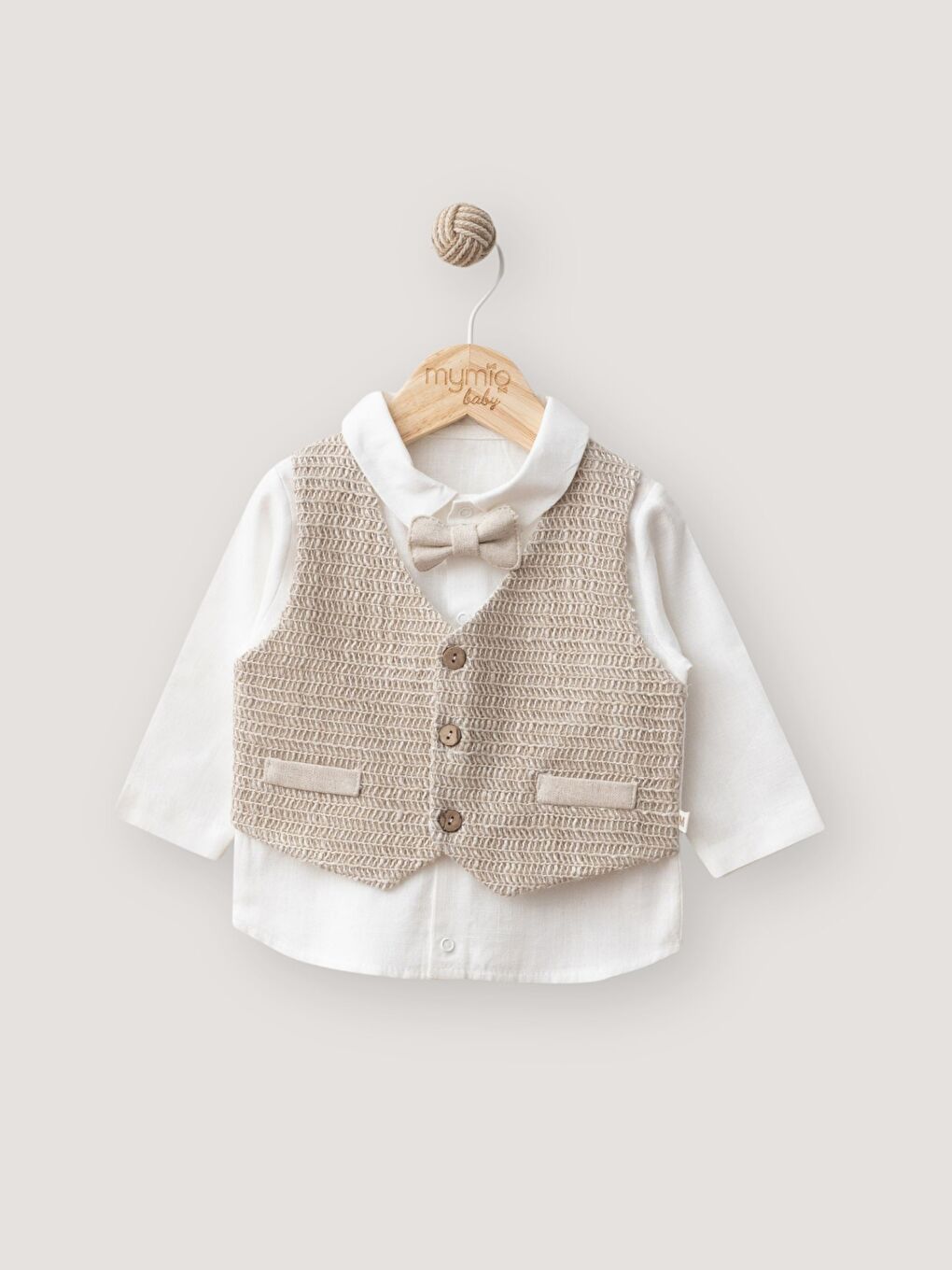 Kahverengi Uzun Kollu Erkek Bebek Yelekli Gömlek ve Pantolon Takım-1