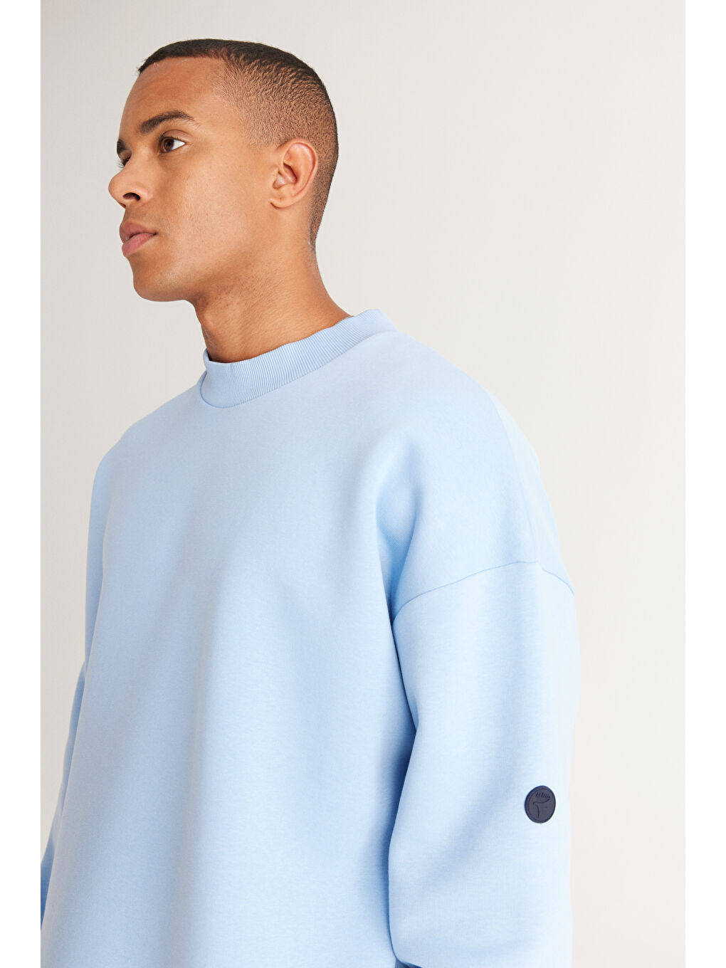 Erkek Açık Mavi Oversize Fit Bol Kesim İçi Polarlı Pamuklu Baskılı Sweatshirt-3