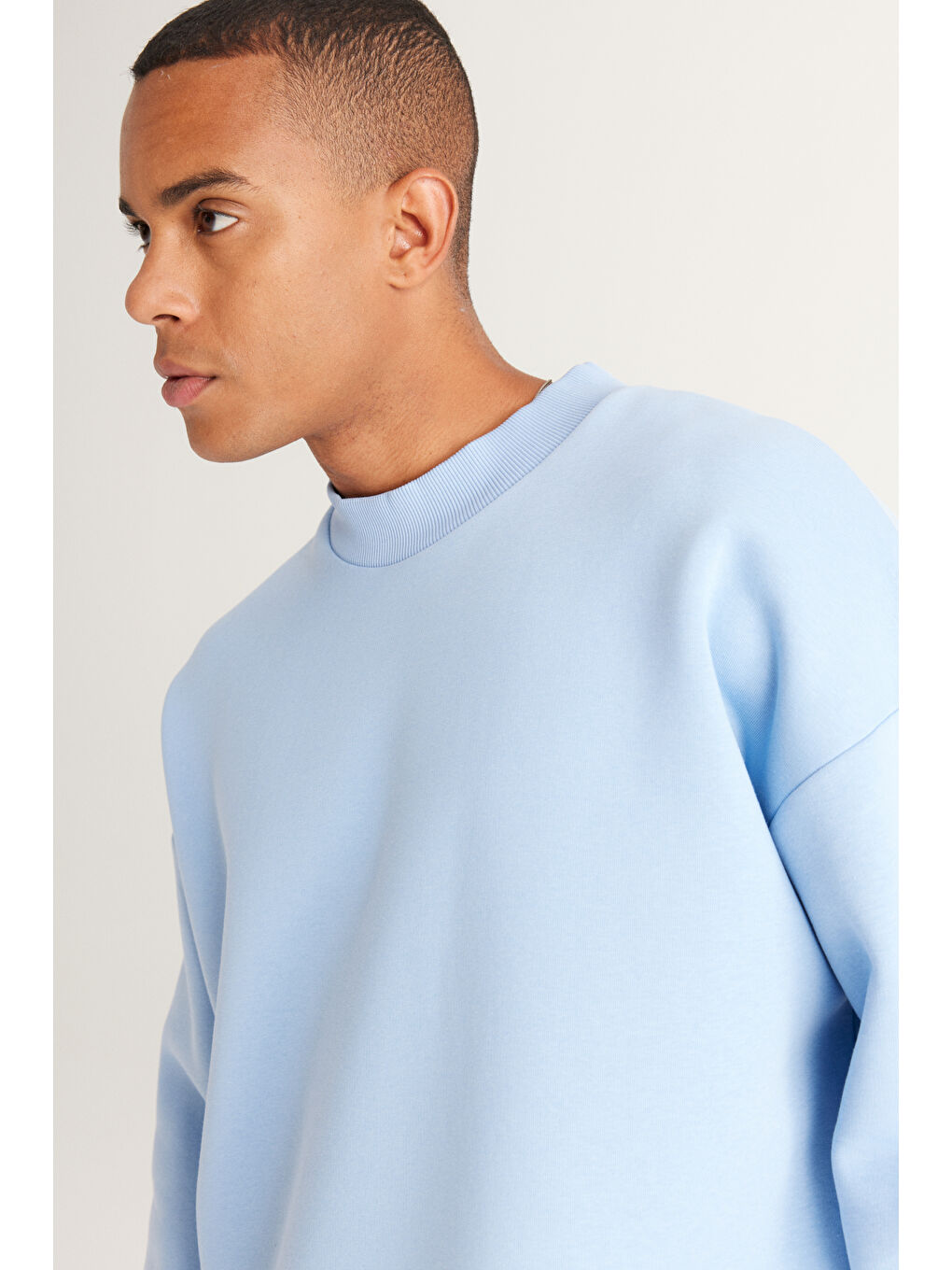 Erkek Açık Mavi Oversize Fit Bol Kesim İçi Polarlı Pamuklu Baskılı Sweatshirt-4