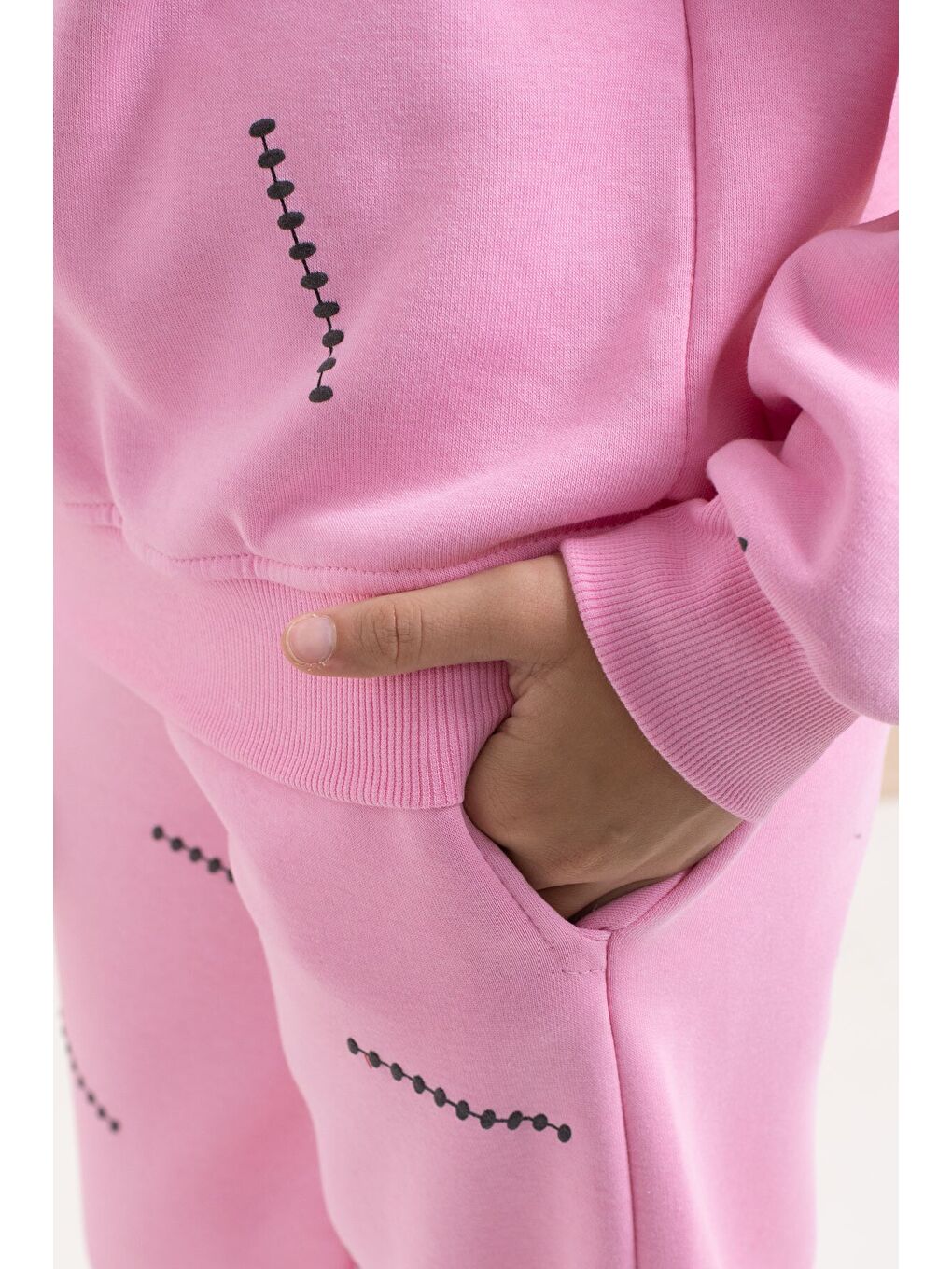 Pembe Kız Çocuk Desenli 3 İplik Şardonlu Geniş Paça Eşofman Takımı 22643-3