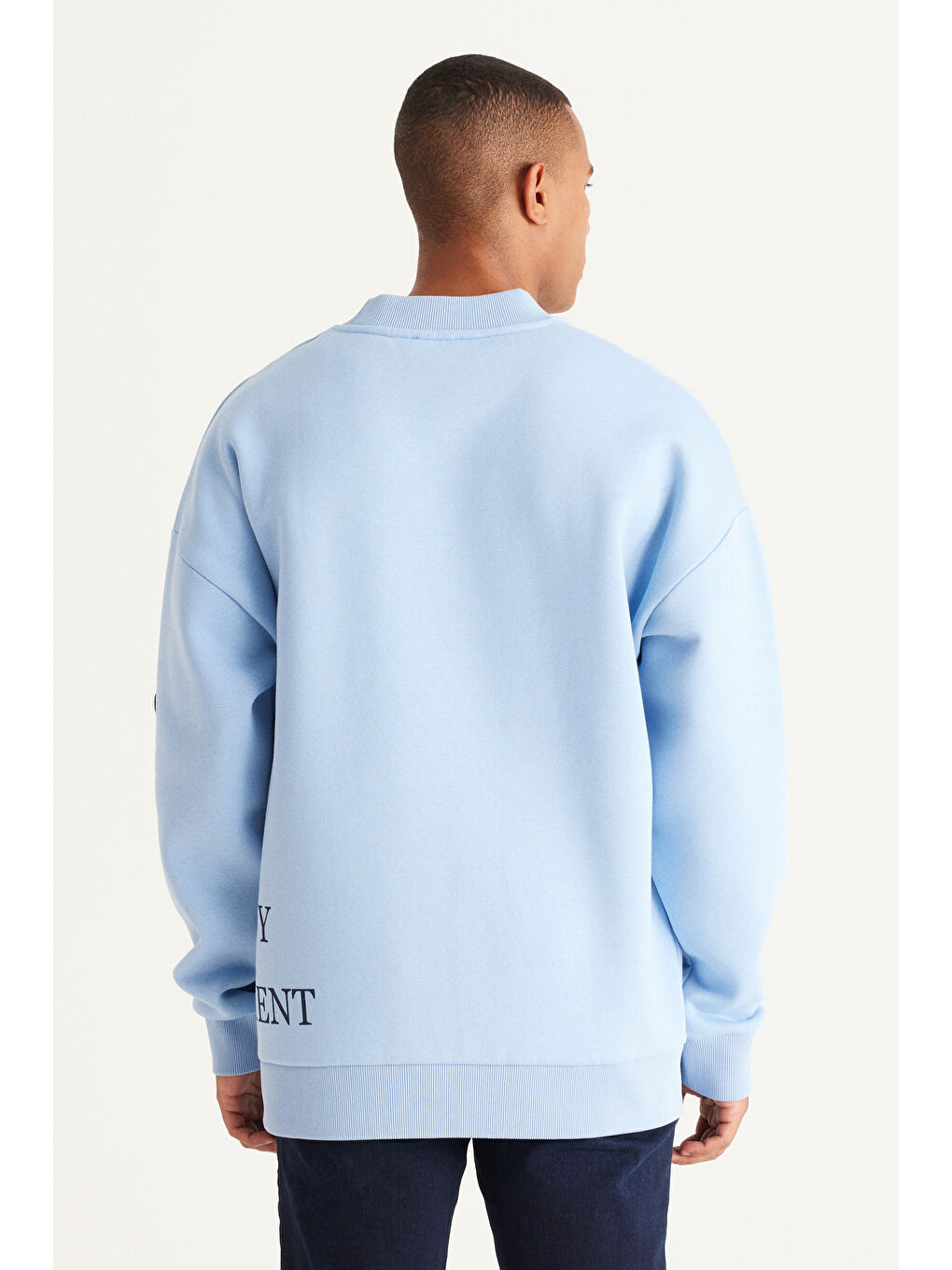 Erkek Açık Mavi Oversize Fit Bol Kesim İçi Polarlı Pamuklu Baskılı Sweatshirt-5