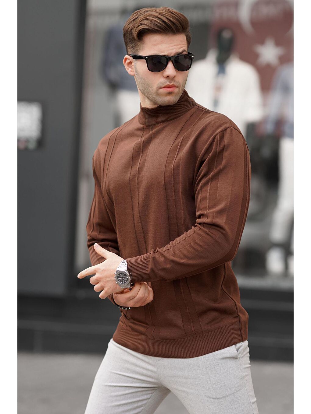 Kahverengi Koyu Bisküvi Balıkçı Yaka Desenli Kazak 6825-1