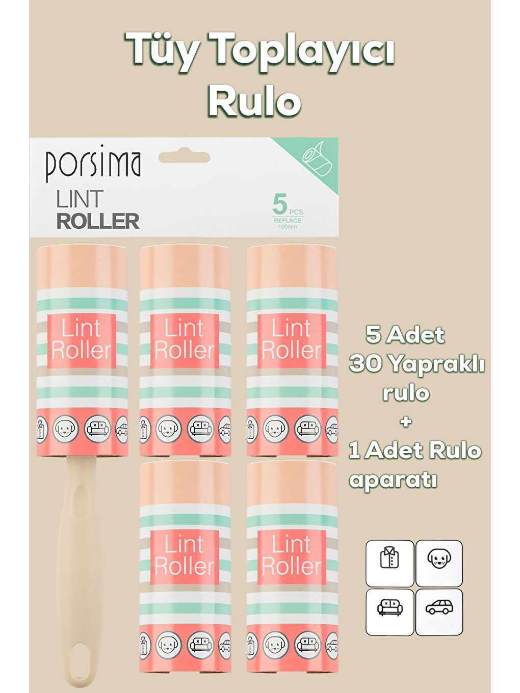 3104 Kedi Köpek Tüy Toplayıcı Rulo + 4 Adet Yedek Rulo Krem-4