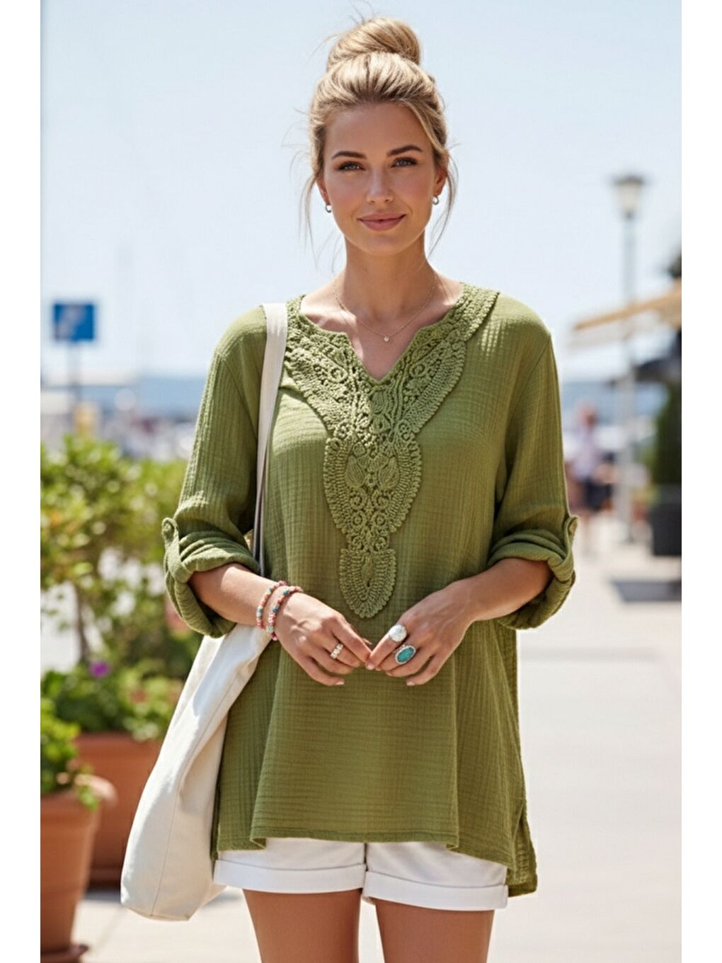 Yeşil Dantel Yaka Düğmeli 3/4 Kol Yıkamalı Casual Müslin Salaş Dokuma Bluz 74 65