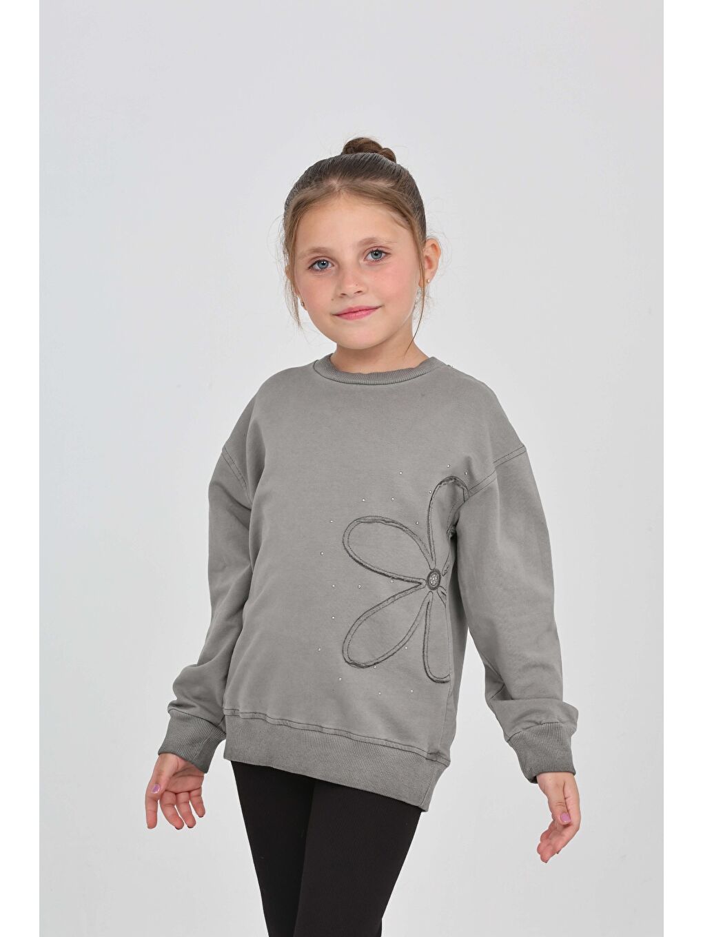 Antrasit Kız Çocuk Çiçek Nakışlı Sweatshirt-2