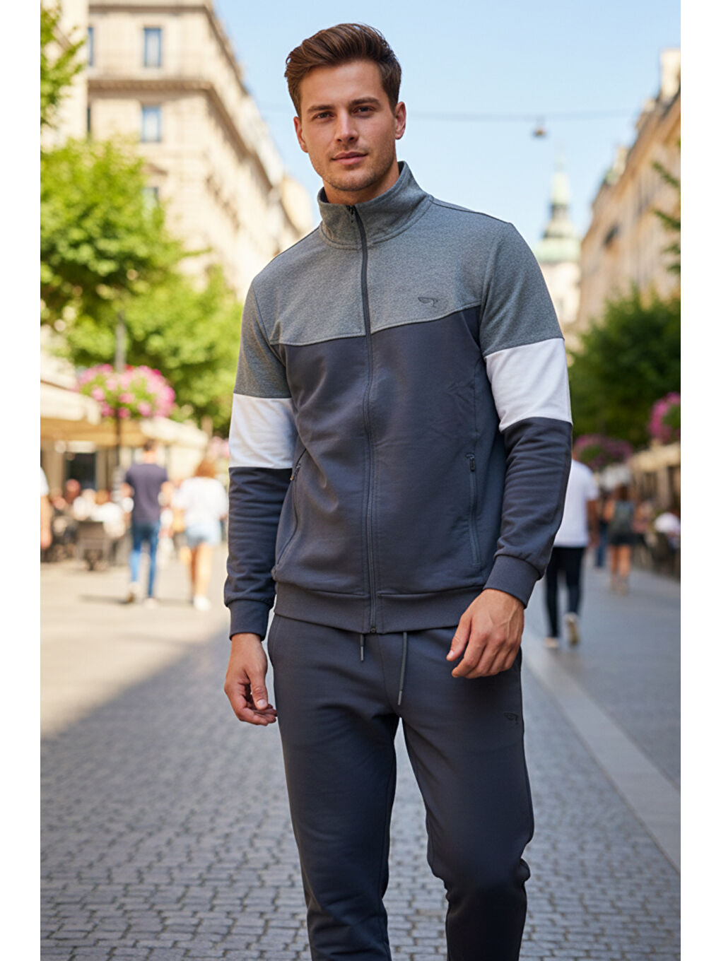 Gri Erkek Pamuklu Fermuarlı Eşofman Takımı 8023 Füme-1