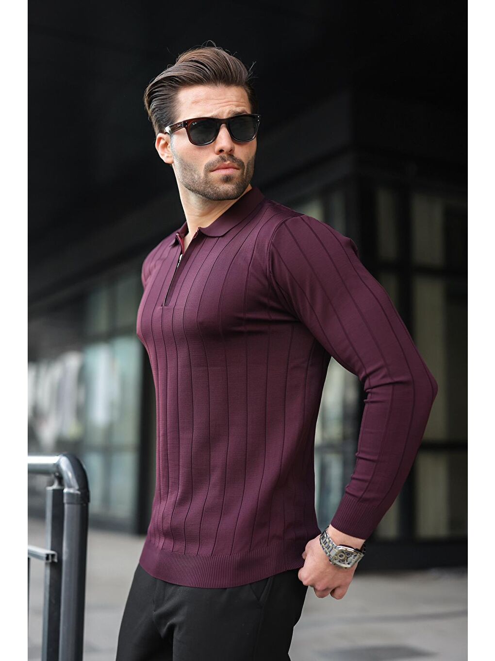 Bordo Polo Yaka Fermuarlı Örme Kazak